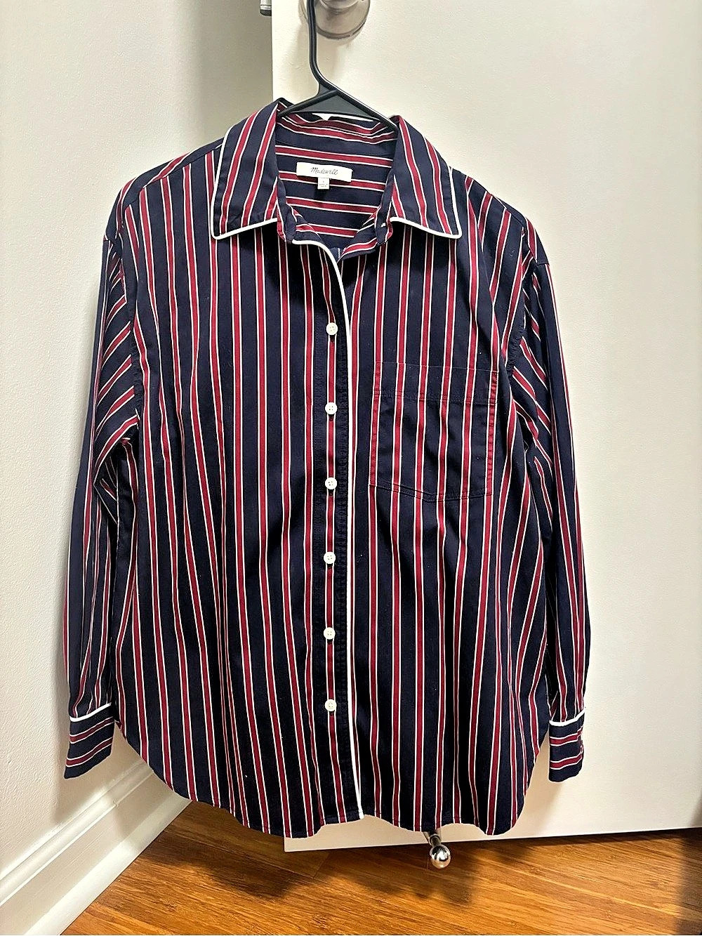 Madewell Long Button-Up Shirt in Stripe Poplin Blue & Red Size Small